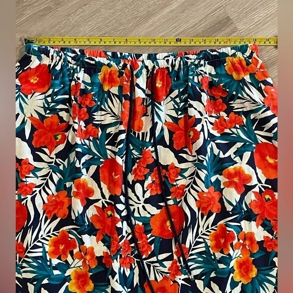Jessica London Women Midi Skirt Size 24 Red Linen Blend Floral Coastal Grandma